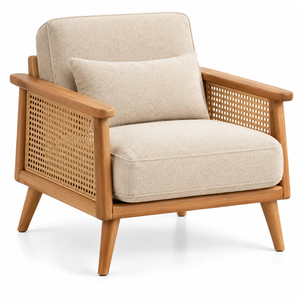Fauteuil à panneaux latéraux ajourés et coussins rembourrés, beige