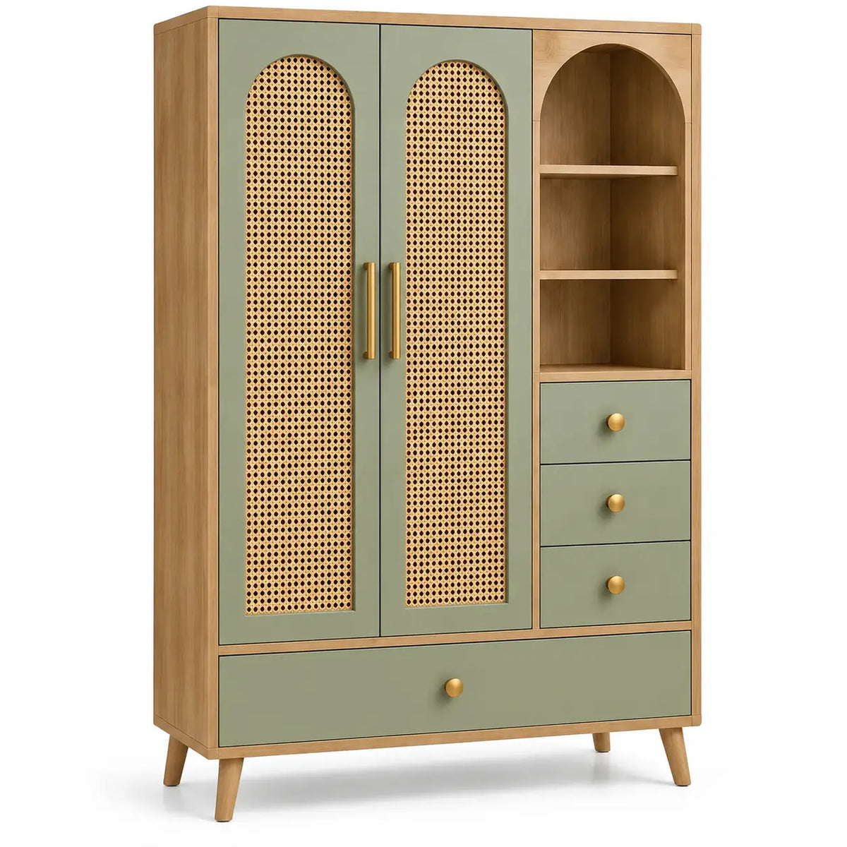 Armoire à portes ajourées, niches et quatre tiroirs, beige et vert
