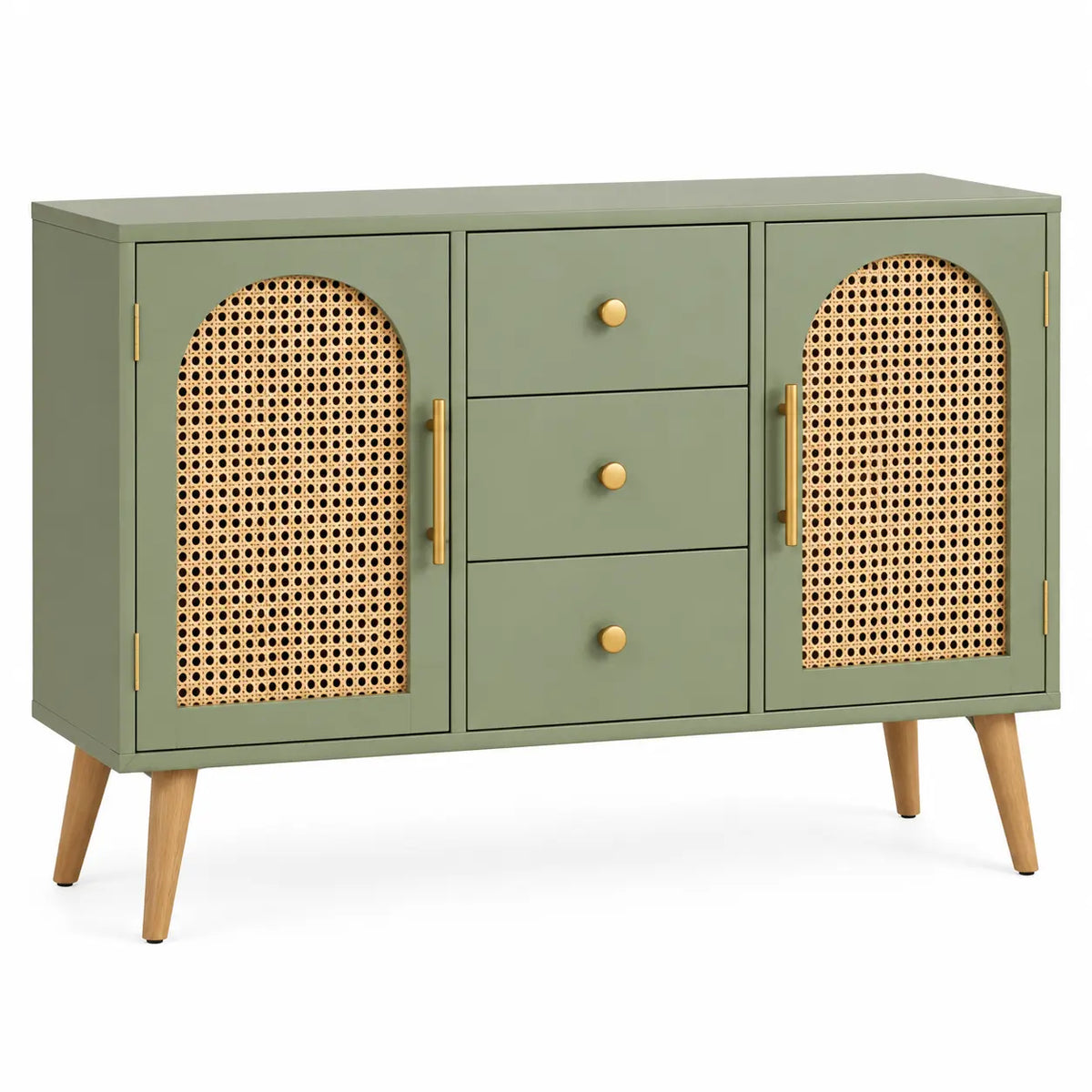 Buffet à deux portes ajourées et trois tiroirs, vert et beige