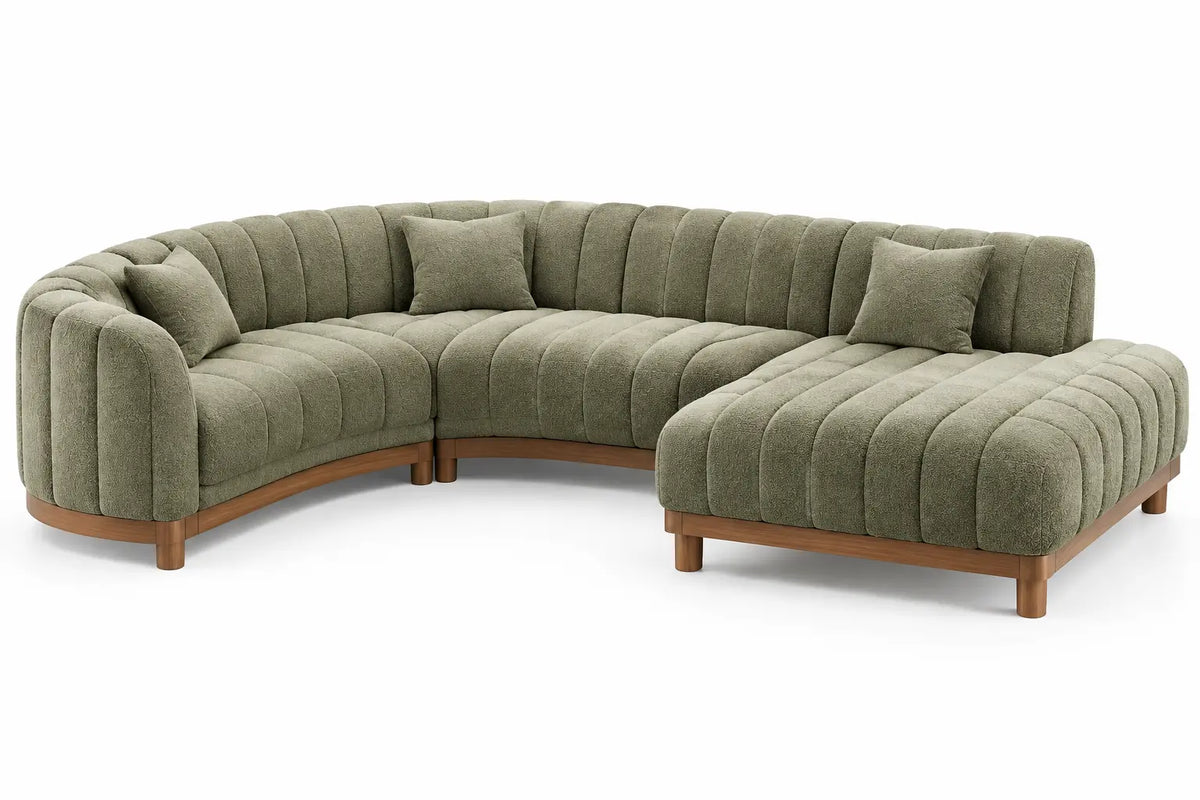 Canapé d'angle arrondi à méridienne droite et assise segmentée, vert