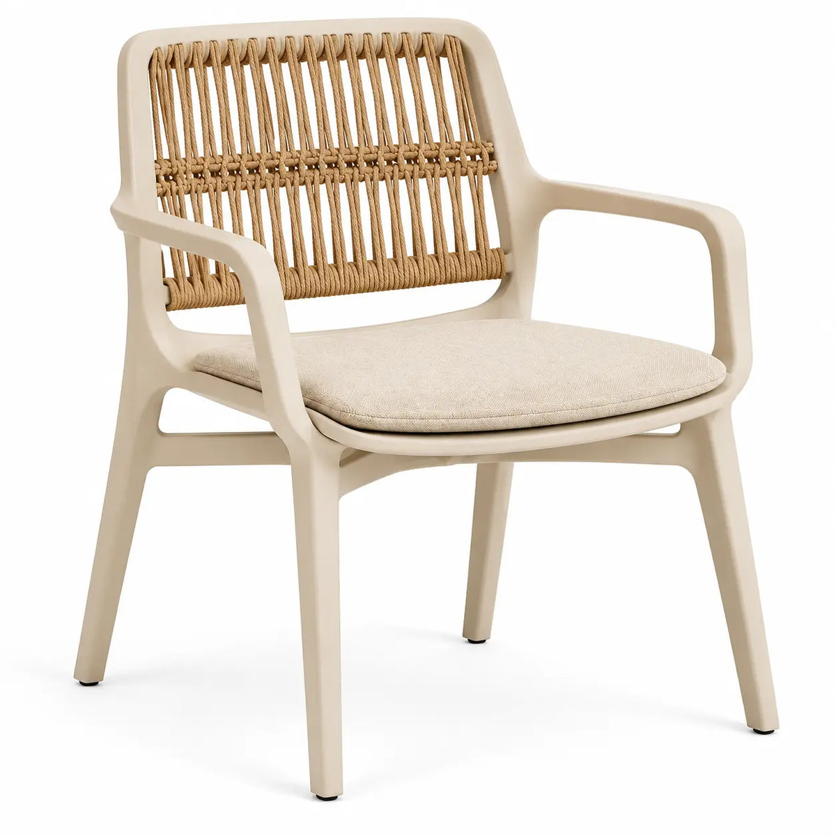 Chaise à accoudoirs, dossier à barreaux et coussin d'assise, beige