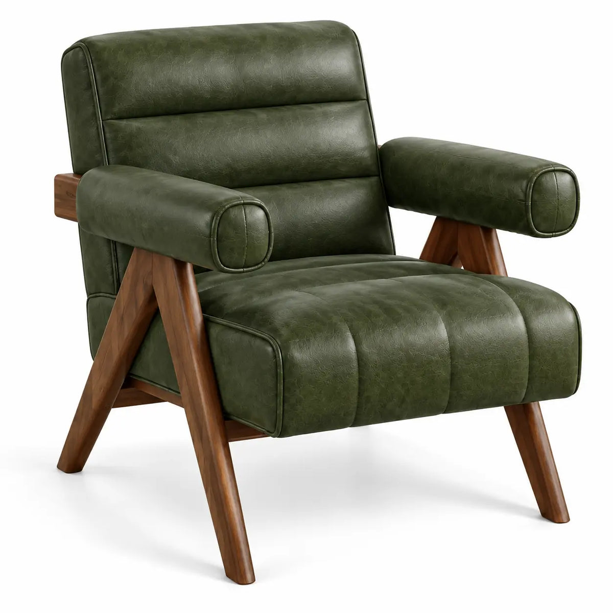 Fauteuil à accoudoirs cylindriques et structure inclinée, vert et marron