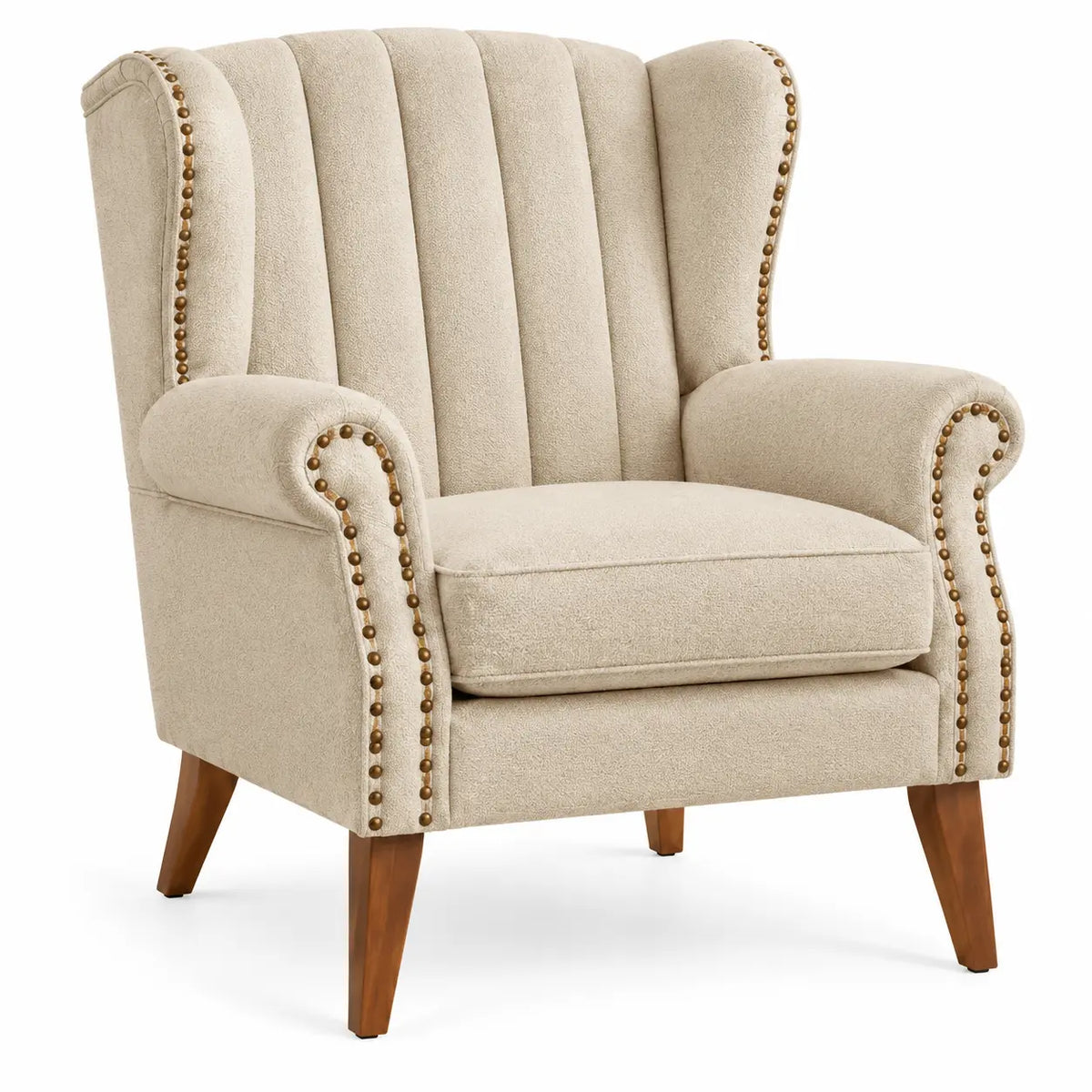 Fauteuil à oreilles et dossier à bandes verticales, beige