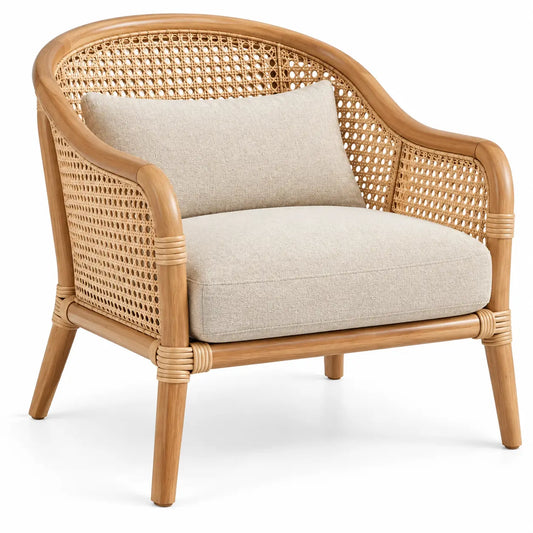 Fauteuil à dossier et accoudoirs ajourés avec coussins, beige