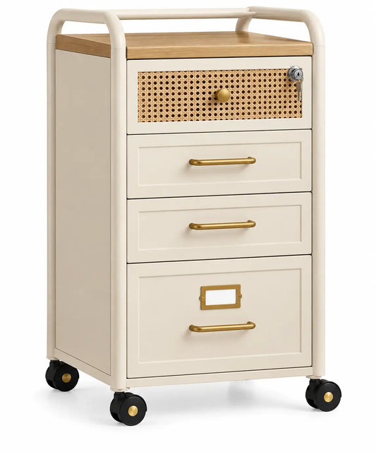Caisson de rangement sur roulettes à quatre tiroirs, blanc et beige