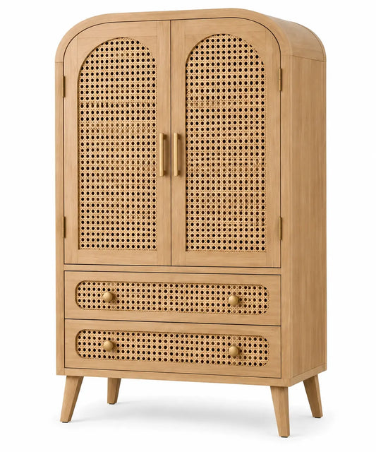 Armoire cintrée à portes ajourées et deux tiroirs, beige