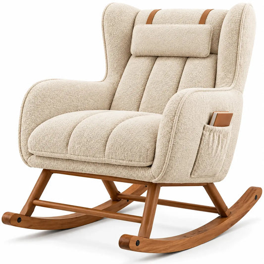 Fauteuil à bascule à dossier haut, appuie-tête et poche latérale, beige