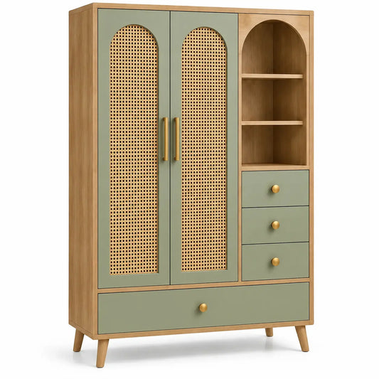 Armoire à portes ajourées, niches et quatre tiroirs, beige et vert