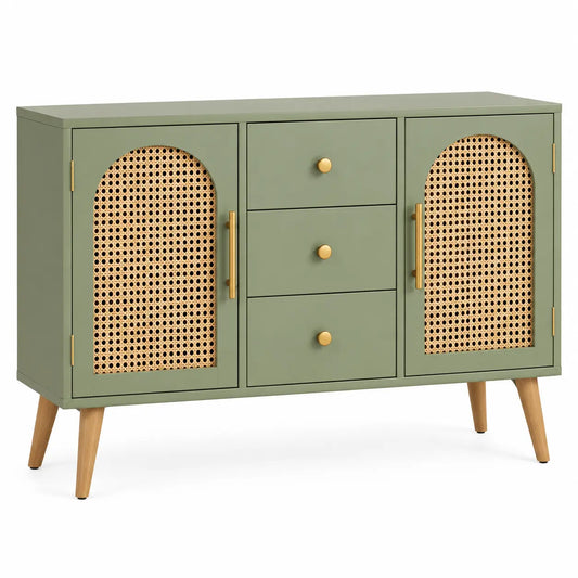 Buffet à deux portes ajourées et trois tiroirs, vert et beige