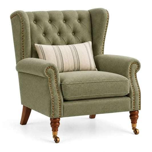 Fauteuil à oreilles capitonné et pieds avant à roulettes, vert et marron