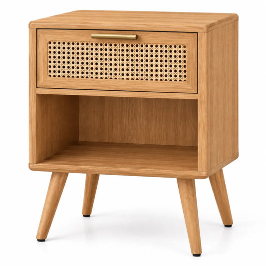 Table de chevet à tiroir ajouré et niche ouverte, beige