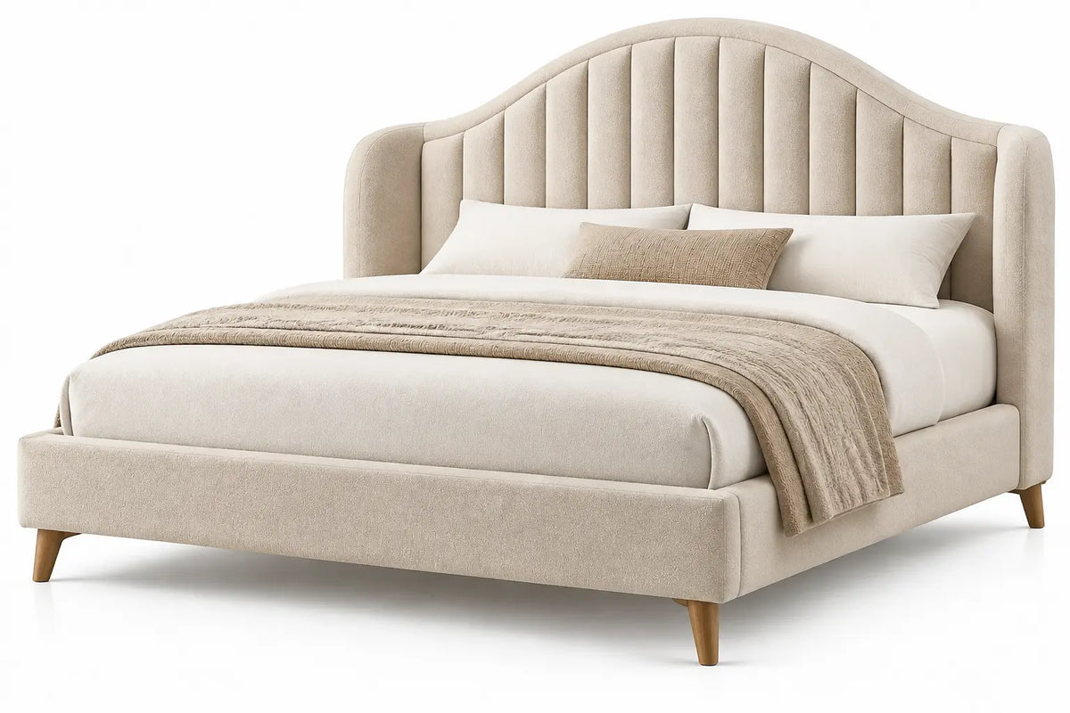 Cadre de lit rembourré à tête cintrée et retours latéraux, beige