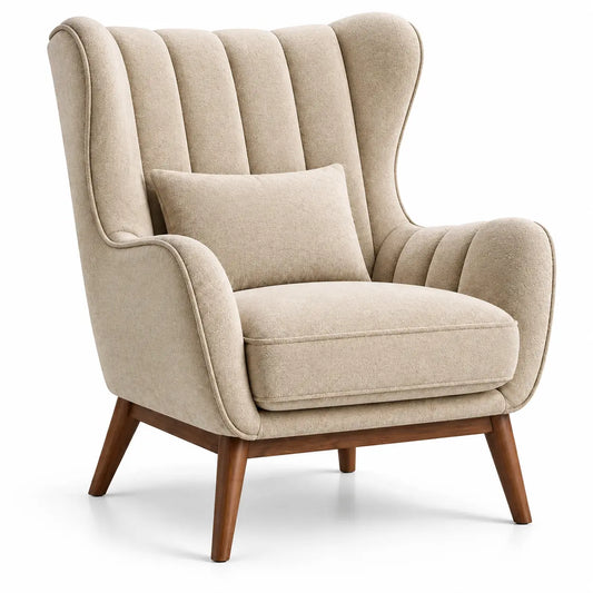 Fauteuil à oreilles et dossier haut segmenté, beige et marron