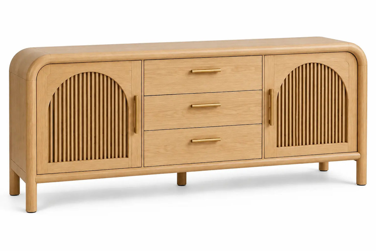 Buffet arrondi à portes rainurées cintrées et trois tiroirs, beige