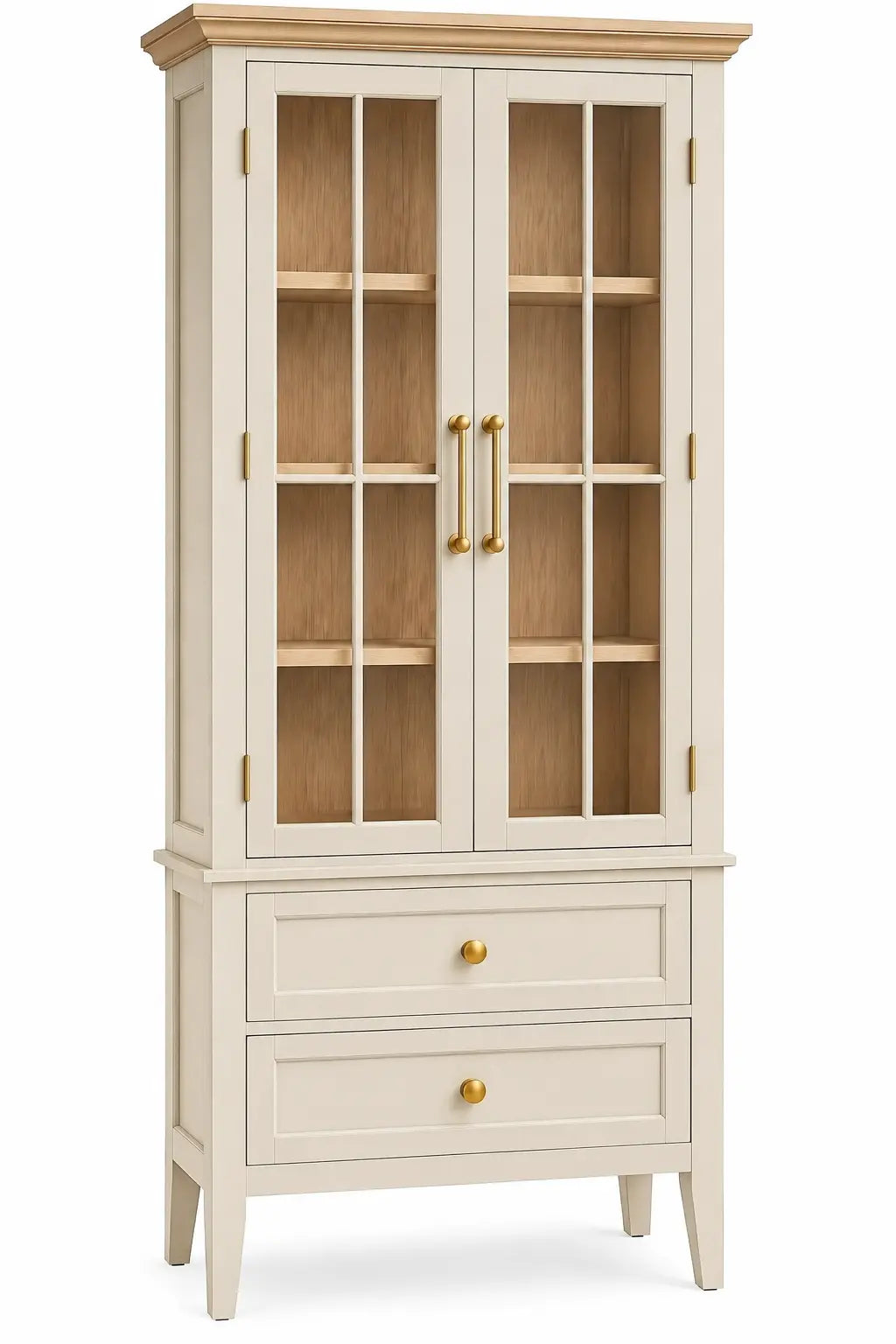 Vitrine étroite à deux portes transparentes et deux tiroirs, blanc cassé