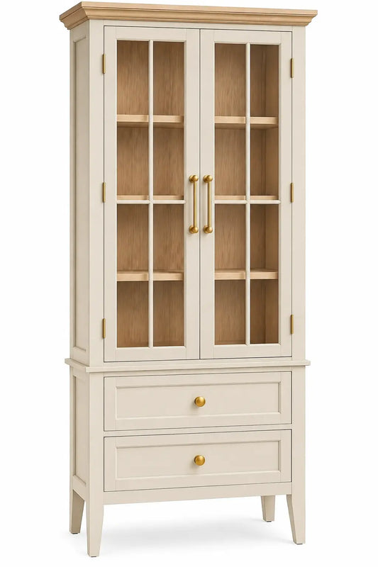 Vitrine étroite à deux portes transparentes et deux tiroirs, blanc cassé